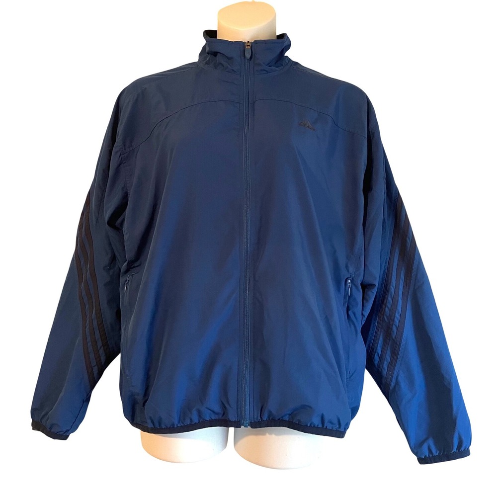 Vintage ADIDAS Windbreaker Mens Large Blue Black 3 Stripes‎ Jacket Coat Full Zip